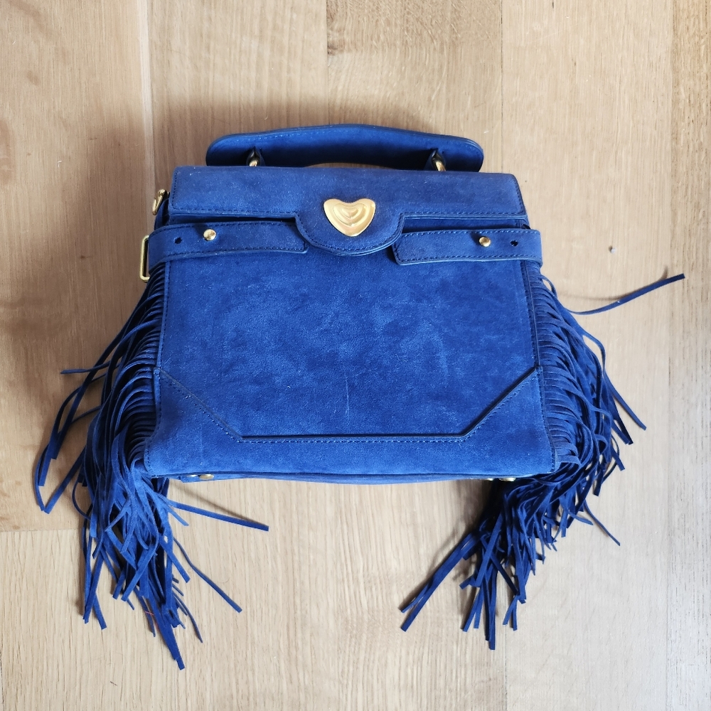 Blue Faux Suede Vegan Top Handle Crossbody Bag Handbag Purse